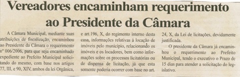  Vereadores encaminham requerimento ao Presidente da Câmara. Folha Livre, Conselheiro Lafaiete, 15 abr. 2006, 226ª ed., p. 15.