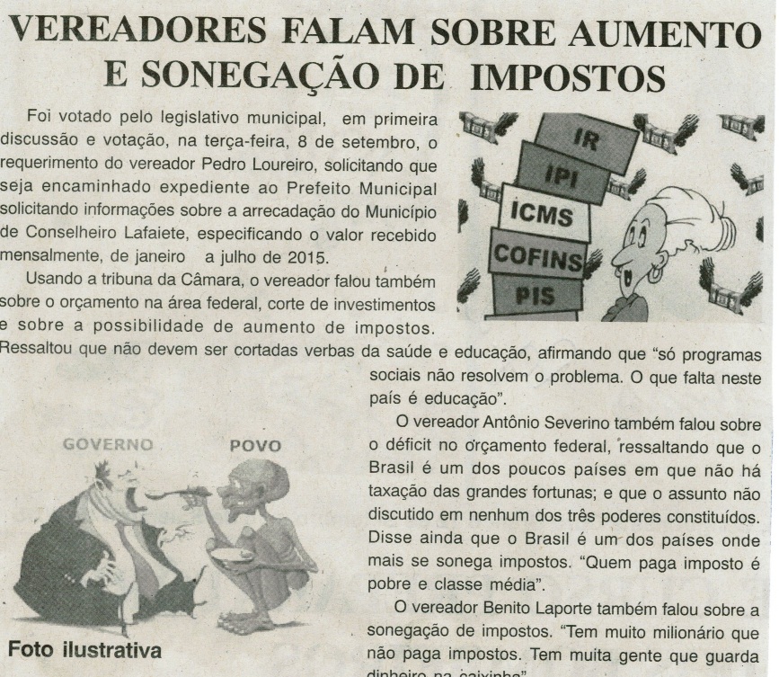 Vereadores falam sobre aumento e sonegação de impostos. Jonal Gazeta, Conselheiro Lafaiete, 12 set. 2015, 854ª ed., p. 2.