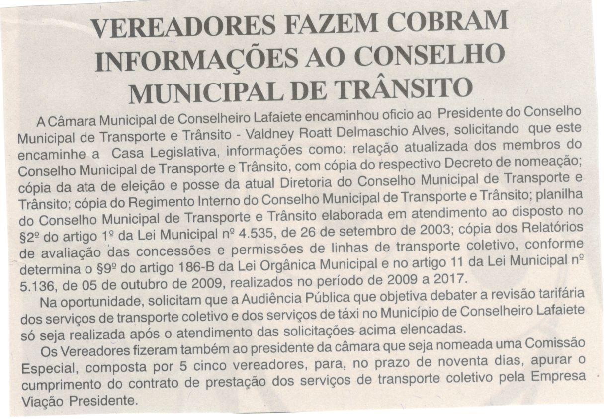 Vereadores fazem cobram informações ao conselho municipal de trânsito. Jornal Nova Gazeta, Conselheiro Lafaiete, 18 mar. 2017 a 24 mar. 2017, 907ª ed., ano XXX, Caderno Gerais,p. 11.