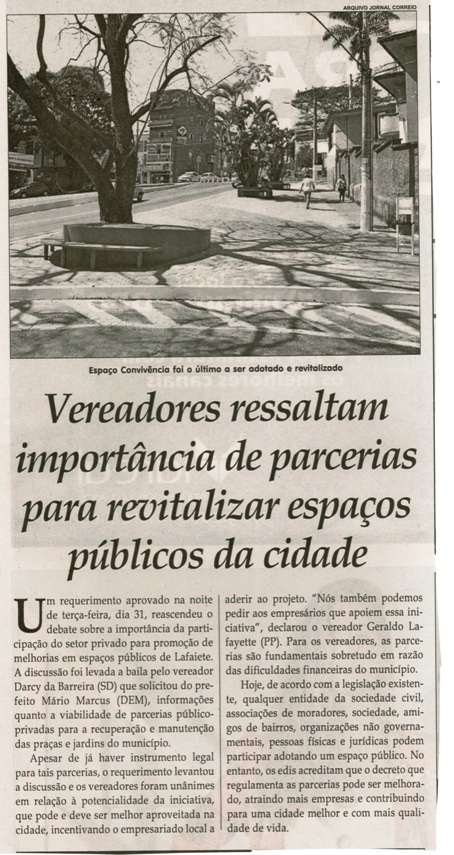Vereadores ressaltam importância de parcerias para revitalizar espaços públicos da cidade. Jornal Correio da Cidade, Conselheiro Lafaiete, 04 fev. 2017 a 10 fev. 2017, 1355ª ed.,Caderno Especial, p. B3.