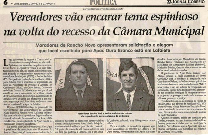 Vereadores vão encarar tema espinhoso na volta do recesso da Câmara Municipal. Jornal Correio da Cidade, 21 jul. 2018 a 27 jul. 2018. 1431ª ed., Caderno Política, p. 6.