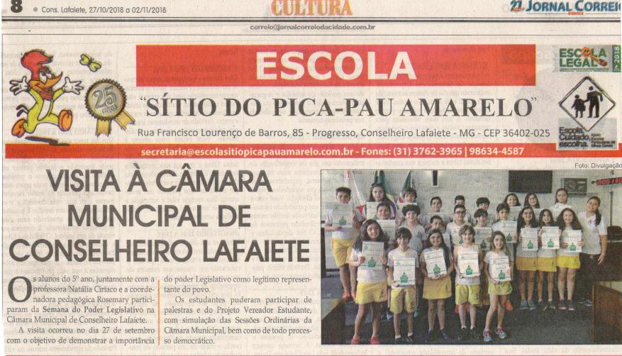 Visita à Câmara Municipal de Conselheiro Lafaiete. Jornal Correio da Cidade, 27 out. 2018 a 02 nov. 2018. 1445ª ed., Caderno Cultura, p. 8.