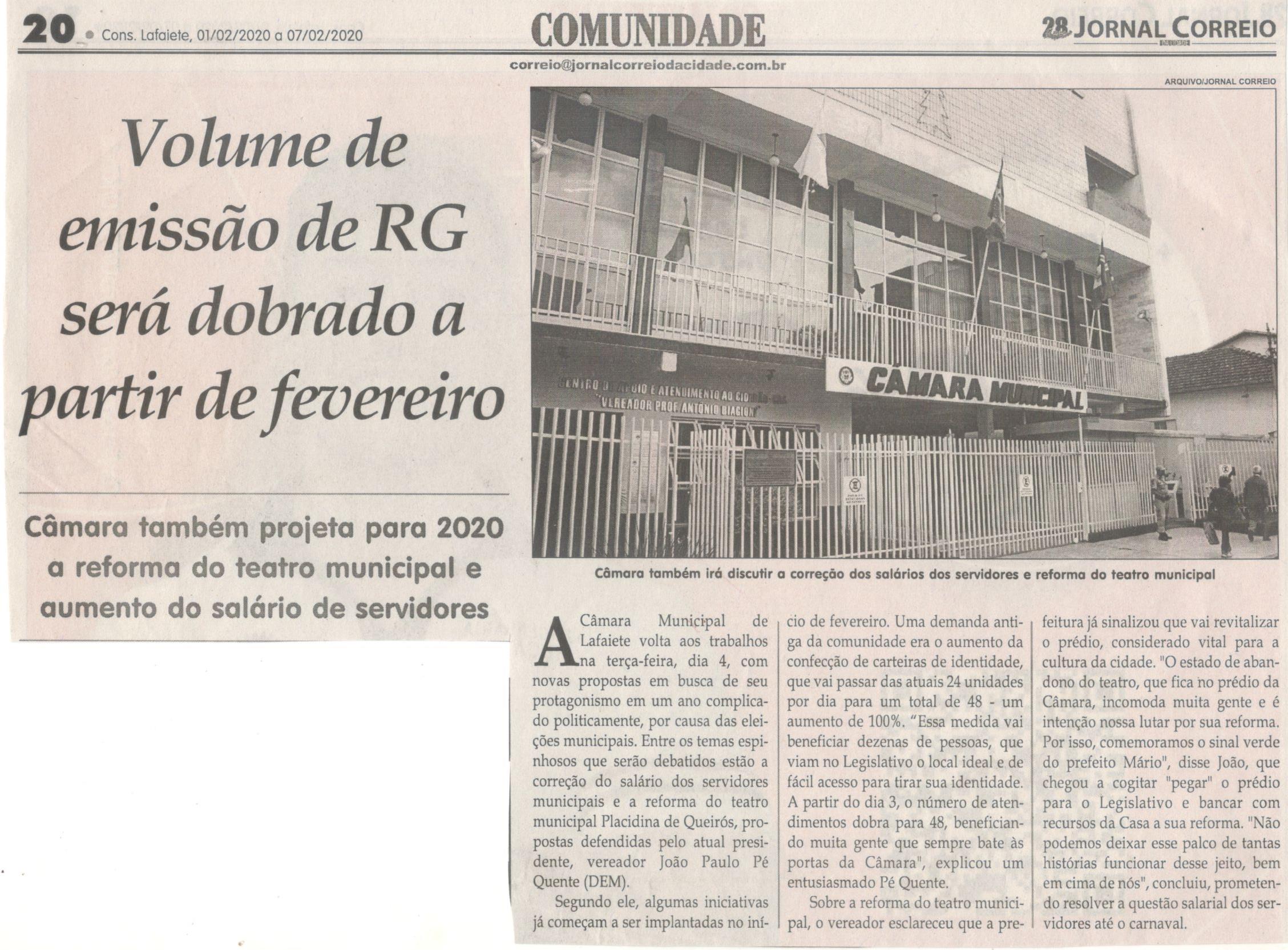 VOLUME de emissão de RG será dobrado a partir de fevereiro. Jornal Correio da Cidade, Conselheiro Lafaiete, 01 a 07 fev. 2020. 1510ª ed. Caderno Comunidade, p. 20.