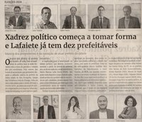 Xadrez político começa a tomar forma e Lafaiete já tem dez prefeitáveis. Jornal Correio da Cidade, Conselheiro Lafaiete de 22 a 28 de jul. de 2023, 1689ª ed., Política, p. 2.