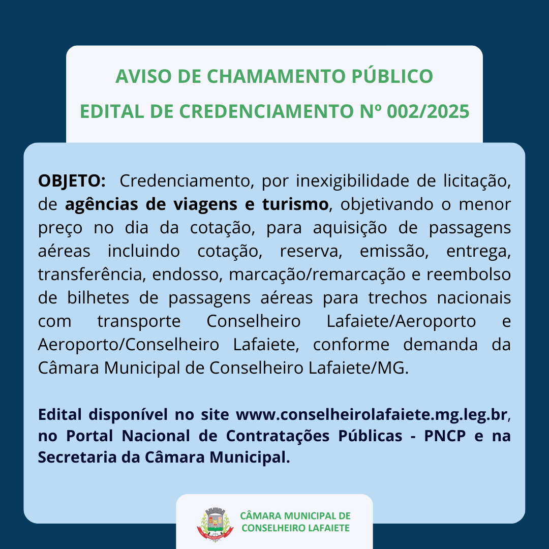CHAMAMENTO PÚBLICO - CREDENCIAMENTO DE AGÊNCIAS DE VIAGEM E TURISMO