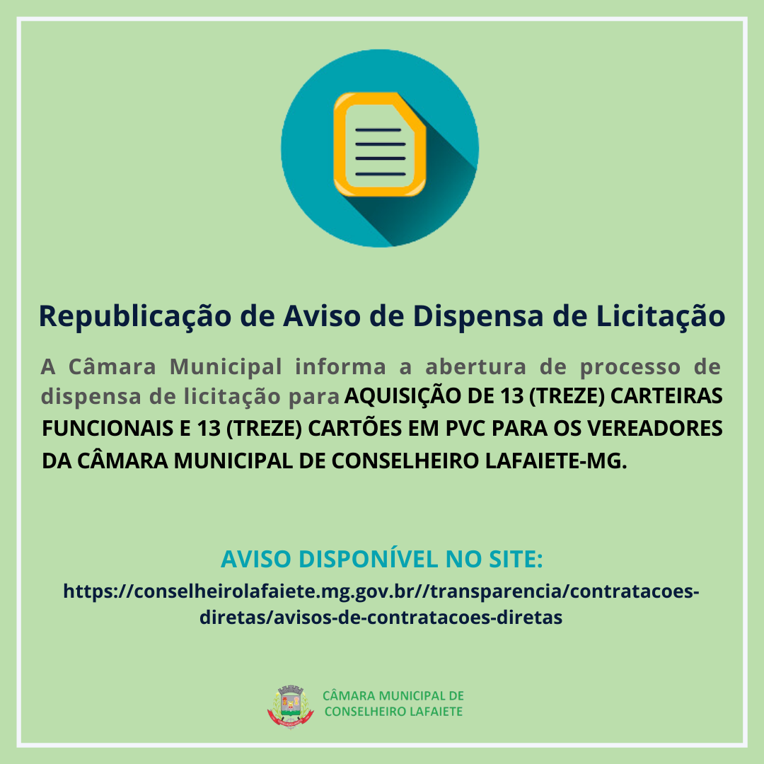 REPUBLICAÇÃO DE AVISO DE DISPENSA DE LICITAÇÃO