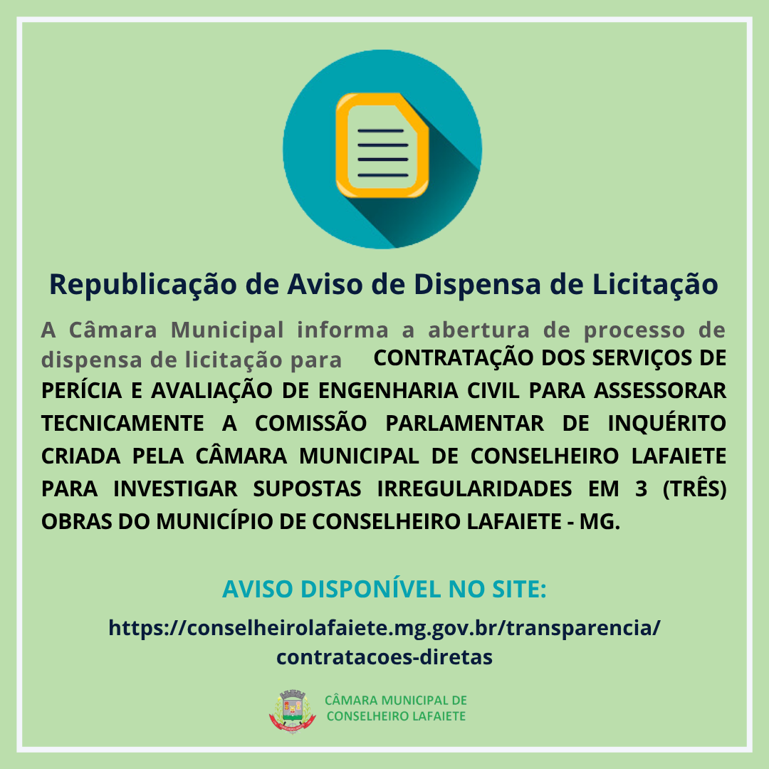 REPUBLICAÇÃO DE AVISO DE DISPENSA DE LICITAÇÃO
